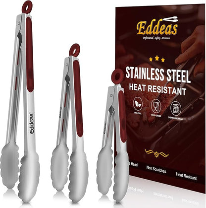 Eddeas Tongs For Cooking - 7",9" and 12 inch Kitchen Tong Heat Resistant 600 Degrees Stainless Steel Tongs, Heavy Duty Metal Locking Tong, Perfect for Food, BBQ Red Set of 3 by Eddeas