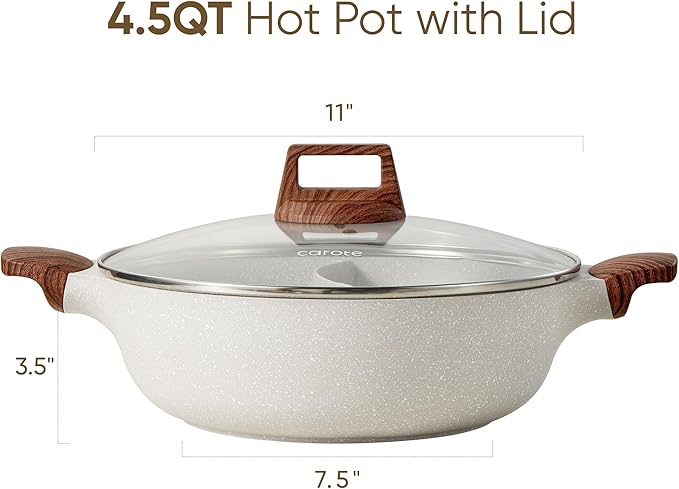 CAROTE Hot Pot with Divider Double Flavor Divided Stockpot with Glass Lid, Dual Sided Nonstick Stock Pot, Shabu Shabu Pots, Cookware for Induction Cooktop Gas Stove, 4.5-QT - Image 2