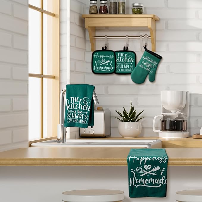 Sratte 6 Pcs Kitchen Decor Accessories Set Farmhouse Towels Pot Holders Oven Mitts Set 2 Dish Towels 2 Potholders 2 Cooking Mittens Oven Glove for Christmas Baking Cooking(Dark Green,Kitchen) - Image 7