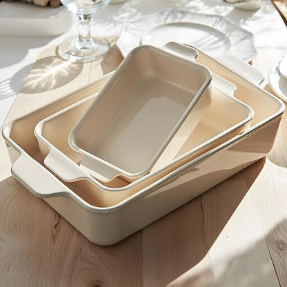 Kook Ceramic Bakeware Set, Rectangular Baking Dishes, For Casseroles, Lasagna, Cake, Small, Medium & Large Pans, Microwave & Dishwasher Safe, Set of 3, (Ivory) - Image 3
