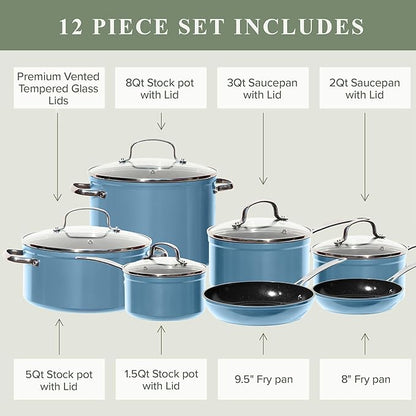 Nuwave Healthy Duralon Blue Ceramic Nonstick Cookware Set, Diamond Infused Scratch-Resistant, PFAS Free, Dishwasher & Oven Safe, Induction Ready & Evenly Heats, Tempered Glass Lids & Stay-Cool Handles - Image 9