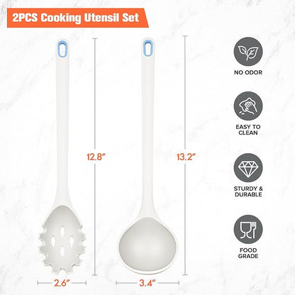 Silicone Spaghetti Spoon&Soup Ladle Cooking Utensils Set of 2,No Scratch for Nonstick Cookware,BPA Free, 450℉ Heat Resistant (White) - Image 6