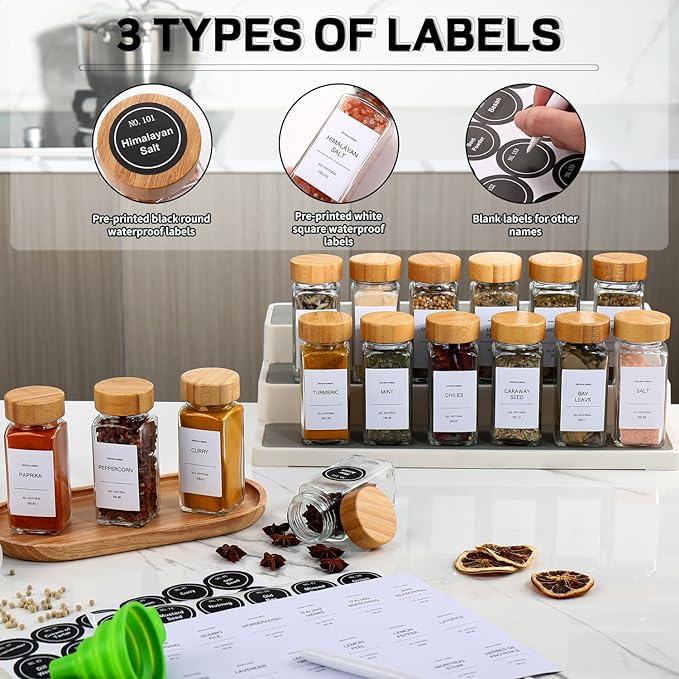 DIMBRAH Spice Jars with Label 24Pcs,Seasoning Containers,Glass Spice Jars with Bamboo Lids,Kitchen Essentials,Spices Container Set,Kitchen Set,Seasoning Organizer,Spice Rack Organizer for Cabinet - Image 3