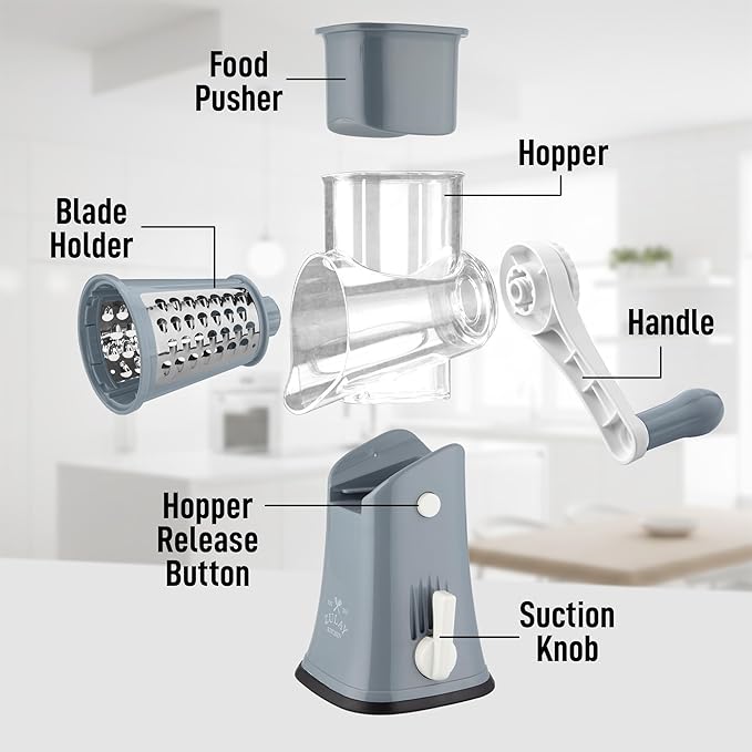 Zulay Kitchen Rotary Cheese Grater 5 Blade Cheese Shredder - Manual Hand Crank Cheese Grater With Reinforced Suction & 5 Interchangeable Drums - Easy to Use, Vegetable Chopper Round Mandoline Slicer - Image 8