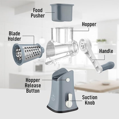 Zulay Kitchen Rotary Cheese Grater 5 Blade Cheese Shredder - Manual Hand Crank Cheese Grater With Reinforced Suction & 5 Interchangeable Drums - Easy to Use, Vegetable Chopper Round Mandoline Slicer - Image 8
