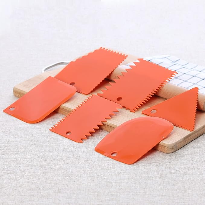 6pcs Cake Scraper Decorating Comb and Icing Smoother Reusable Bread Cream Pizza Cutter-Orange