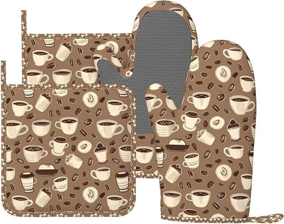 Oven Mitts and Pot Holders Set, Coffee Pattern Bean Silicone Kitchen Accessories 4 Piece Heat Resistant Long Gloves Potholder Non-Slip Grip for Chef Cooking Baking Grilling BBQ