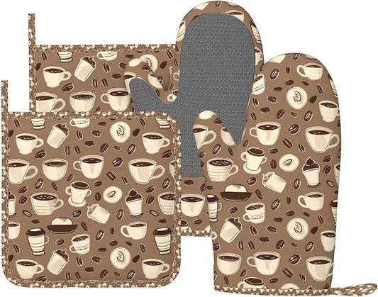 Oven Mitts and Pot Holders Set, Coffee Pattern Bean Silicone Kitchen Accessories 4 Piece Heat Resistant Long Gloves Potholder Non-Slip Grip for Chef Cooking Baking Grilling BBQ