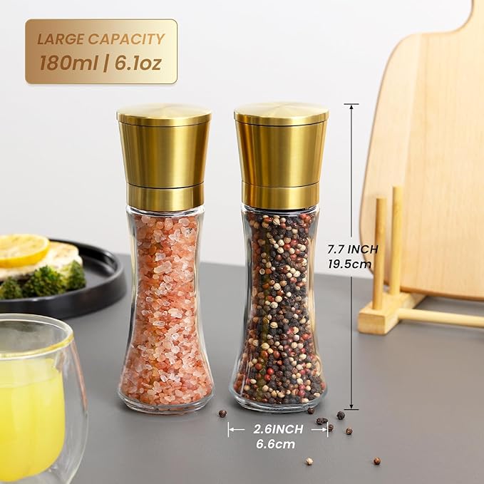 VEVOK CHEF Gold Salt and Pepper Grinder Mill Set Stainless Steel Pepper Shaker Adjustable Ceramic Coarseness Salt Grinder Black Pepper Spice Grinder Mill - Image 4