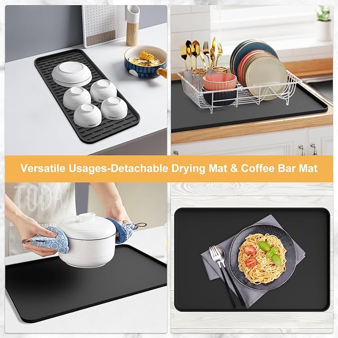 Silicone Coffee Mat,16''x16'' Coffee Bar Mat with Detachable Dish Drying Mat for Kitchen Countertops,Coffee Bar Accessories Fit Under Coffee Maker Coffee Machine Coffee Pot Espresso Machine Dish Rack - Image 8