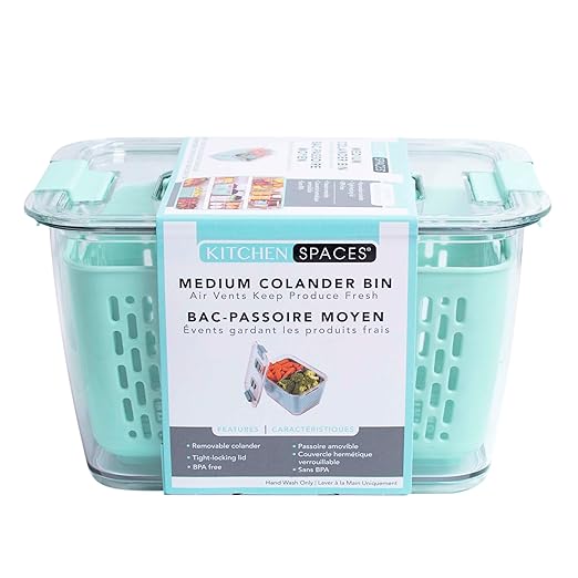 Kitchen Spaces Colander Bin, Produce Saver, Fridge Organizer With Lid, Wash, Strain and Store, Great for Refrigerator, Freezer and Pantry, Medium, Mint Green, Pack of 1