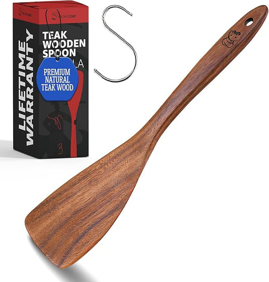 PriorityChef Teak Wood Spatula for Cooking - Flat Wooden Spatula for Cooking on Nonstick Pans, Stirring & Flipping - Wood Kitchen Utensil - Wide Wooden Paddle for Baking & Serving