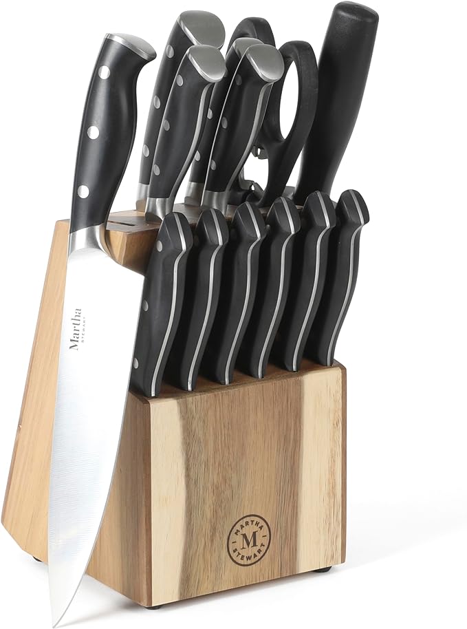Martha Stewart Greeley 14 pc Triple- Riveted Cutlery Knife Acacia Wood Block Set w/Comfort Grip Handles- Black by MarthaStewart