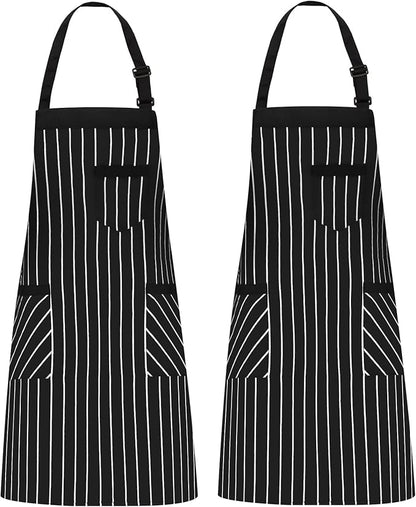 NLUS 2 Pack Cooking Aprons for Women with Pockets Adjustable Kitchen Bib Aprons for Women Men Chef, Black/White Stripe (Black/White Stripes) by NLUS