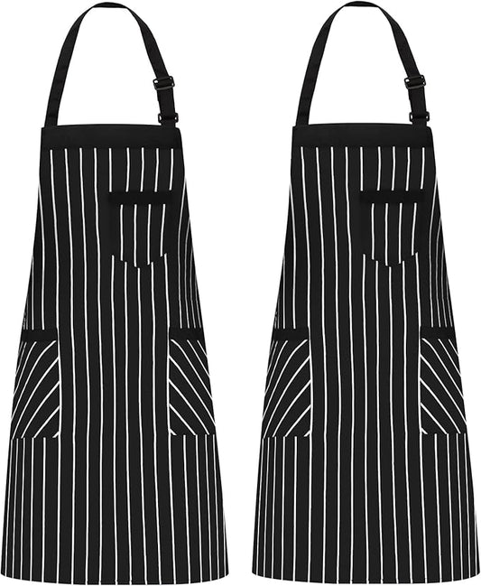 NLUS 2 Pack Cooking Aprons for Women with Pockets Adjustable Kitchen Bib Aprons for Women Men Chef, Black/White Stripe (Black/White Stripes) by NLUS