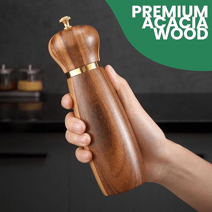 Acacia Wood Salt and Pepper Grinder Set, 8-Inch Manual Pepper Mill Grinder with Adjustable Coarseness, 2 Pack Wooden Salt and Pepper Shakers Set