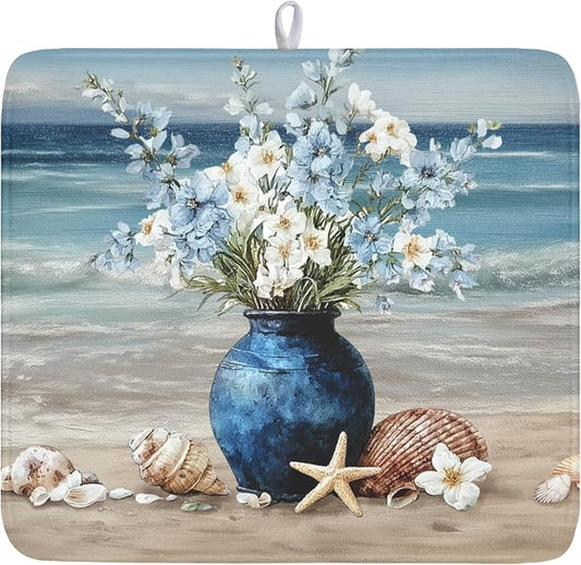 Summer Beach Dish Drying Mat for Kitchen Counter Nautical Coastal Blue Ocean Vase Floral Seashells Microfiber Dish Drainer Mat Absorbent Washable Drying Pad 16"x18"