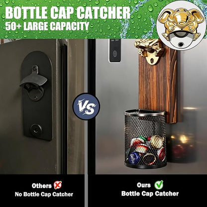 Beer Magnetic Bottle Opener Wall Mounted With Bottle Cap Catcher,Funny Bottle Opener,Beer Accessories,Wooden Magnetic Bottle Opener for Fridge,Birthday Gifts for Men and Beer Lovers.