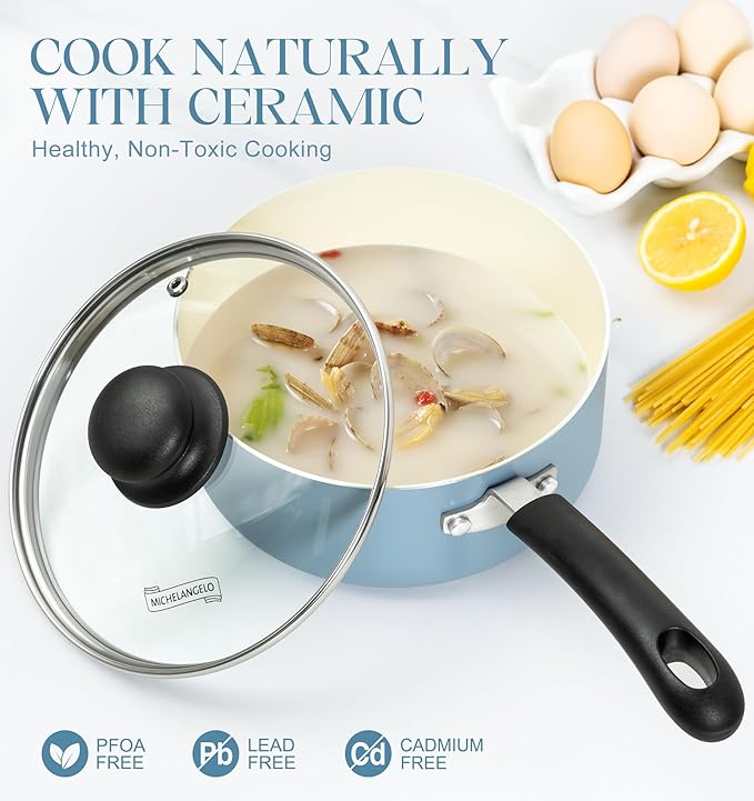 MICHELANGELO Nonstick Sauce Pan with Lid, Ceramic Saucepan Set, Non Toxic Small Saucepans Sets with Stay-Cool Handle, Induction Pots For Cooking, PTFE & PFOA Free - 1Qt & 2Qt & 3Qt, Blue - Image 3