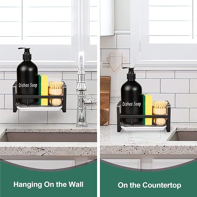 TEZZ Sponge Holder for Kitchen Sink- Stainless Steel Kitchen Sink Caddy for Organizing Sponge, Brush & Soap Dish Dispenser, coutertop Organizer Rack with Adhesive or Counter top, Black - Image 5