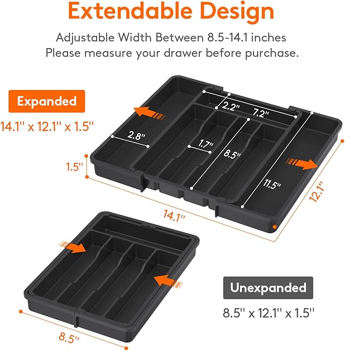 Lifewit Expandable Silverware Organizer, Plastic Utensil Tray for Kitchen Drawer, BPA Free Flatware Cutlery Holder, Space-Saving Storage for Spoons Forks Knives, 8.5-14 x 12 x 1.5 inch, Black - Image 3