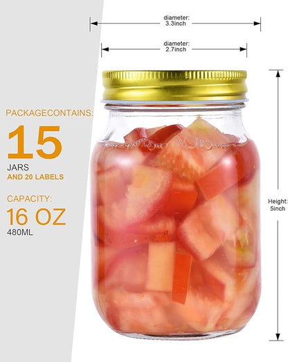 Rainforce 16 oz Mason Jars With Lids Regular Mouth 15 Pack-16 oz Glass Jars with Gold Lids,Bulk Pint Clear Glass Jars For Meal Prep, Food Storage With 20 Labels - Image 4