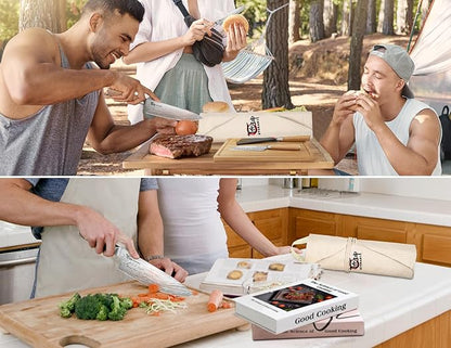 SYOKAMI 14pcs Chef Knife Set with Roll Bag, Professional Stainless Steel Japanese Knife Set with Pakkawood Handle for Professional Chef, Camping, Travel, BBQ, RV or Gift Beige