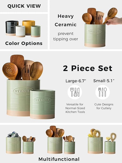 YHOSSEUN Kitchen Utensil Holder, 6.7"+5.1" Ceramic Utensil Holder for Kitchen Counter, Oval Cooking Utensil Crocks for Countertop, Utensil Storage Organizer Set of 2, Green - Image 2