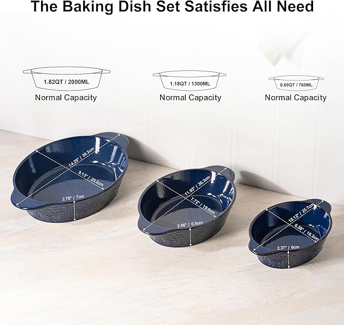 Dafuceramic Casserole Dishes for Oven Sets of 3, Ceramic Oval Baking Dish, Au Gratin Baking Pans with Handles for Roasting, Lasagna, Pie, Baking Meat & Vegetables, Blue - Image 2