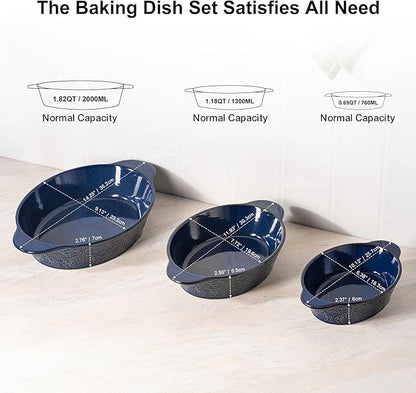 Dafuceramic Casserole Dishes for Oven Sets of 3, Ceramic Oval Baking Dish, Au Gratin Baking Pans with Handles for Roasting, Lasagna, Pie, Baking Meat & Vegetables, Blue - Image 2