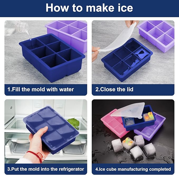 Excnorm Silicone Ice Cube Trays 3 Pack - Large Size Silicone Ice Cube Molds with Leak Proof Removable Lid Square Ice Cube Tray And BPA Free for Cocktail,Whiskey, Stackable Flexible Ice - Image 4