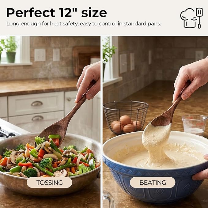 HAKSEN 2PCS Wooden Cooking Spoons, Natural Acacia Wood Kitchen Utensil, 12Inch Large Wooden Mixing Spoons for Nonstick Cookwares, Comfort Grip, Durable, Kitchen Gifts for Women, Cooking Gifts for Men - Image 2