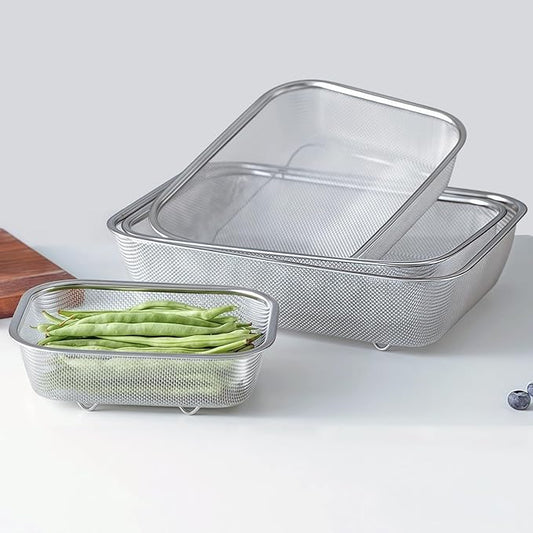 18/8 Stainless Steel Fine Mesh Strainer Basket with Feet, Rectangular Colander for Vegetables, Fruits, Pasta, Noodles – Rustproof, Durable & Easy to Clean (11.02 inch)