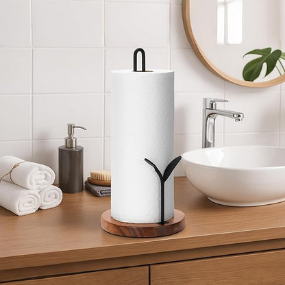 Wood Paper Towel Holder Countertop, Leaf-Shaped Accent Iron Rods with Anti Slip Weighted Base, Easy Tear Farmhouse Kitchen Towel Holder for Dining Table