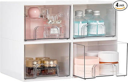 Vtopmart 4Pack Small Stackable Storage Drawers, Bathroom Makeup Organizer,Plastic Storage Bins For Vanity, Undersink, Kitchen Cabinets, Pantry, Home Organization(White) by Vtopmart