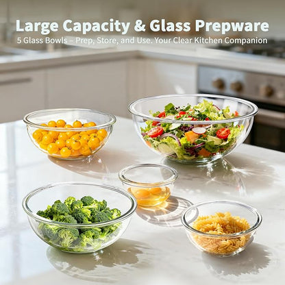 WhiteRhino Glass Mixing Bowl with Lids Set of 5, 0.2, 0.5, 1.1, 2.1, 3.75 QT, Large Salad Bowls with BPA-Free Lids, Space-Saving Nesting Bowls for Kitchen Food Storage, Glass bowl for Cooking, Baking - Image 3