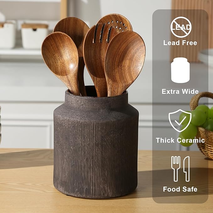 Farmhouse Ceramic Farmhouse Kitchen Utensil Holder for Countertop, Rustic Cooking Utensil Holder Crock Fit for Kitchen Counter. 6.1 x 6.1 x 7 IN - Image 3