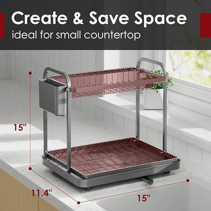 Sakugi 2-Tier Dish Drying Rack - Stainless Steel Dish Rack with Cutlery & Utensil Holders for Kitchen Counter, Sink Organization and Storage for Small Family, 15" W x 11.4" L x 15" H, Gray - Image 2