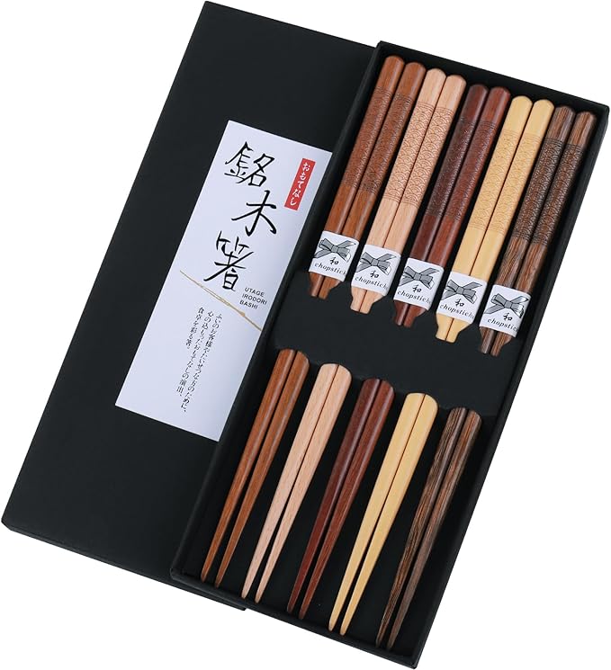 Reusable Chopsticks，GLAMFIELDS Japanese Natural Wooden 5 Pairs Hand-Carved Classic Style Lightweight Safe Chop Sticks 8.8 Inch/22.5cm Gift Set by GLAMFIELDS