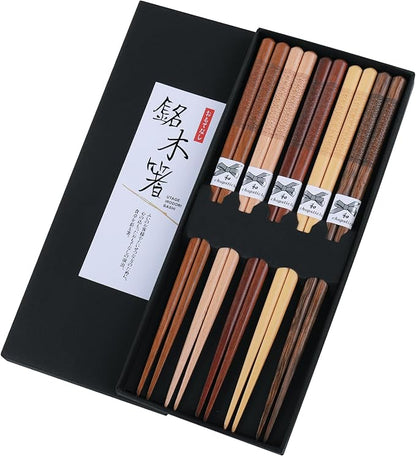 Reusable Chopsticks，GLAMFIELDS Japanese Natural Wooden 5 Pairs Hand-Carved Classic Style Lightweight Safe Chop Sticks 8.8 Inch/22.5cm Gift Set by GLAMFIELDS