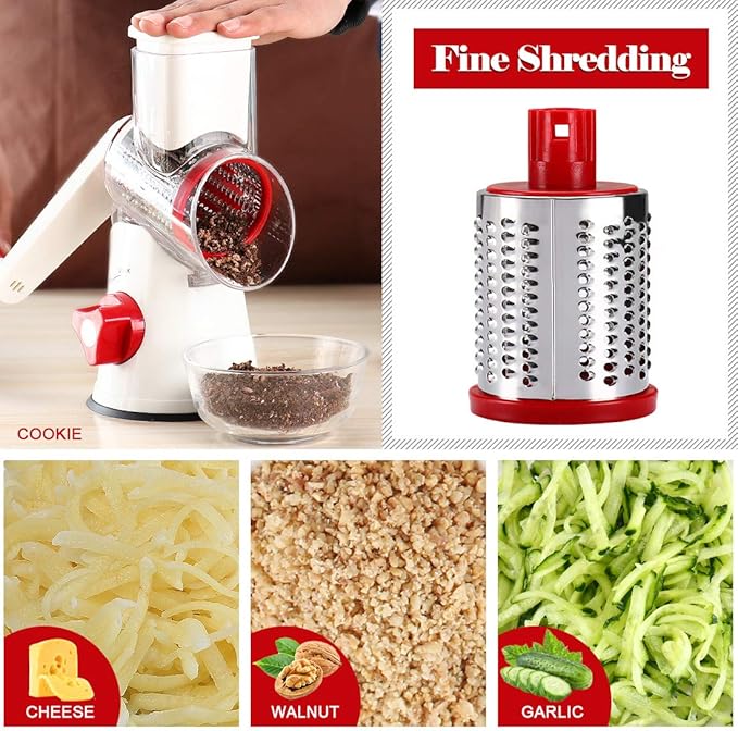 Ourokhome Rotary Cheese Grater Hand Crank, Kitchen Shredder Speed Mandolin Slicer Nuts Grinder with Handle and Drum Blades for Cheese, Vegetable, Chocolate, Potato, Carrot, 3 Blades, White Red - Image 4