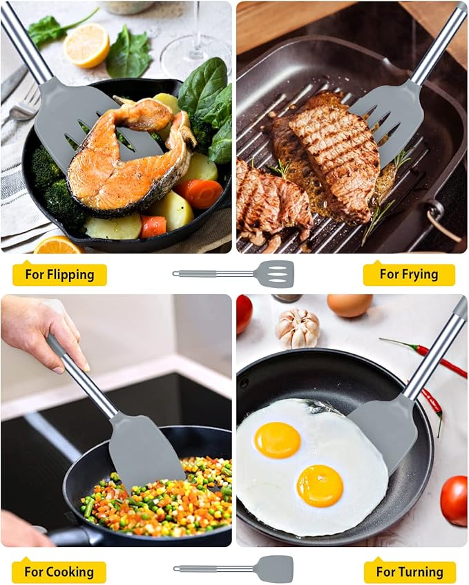 Pack of 2 Silicone Solid Turner, Non Stick Slotted Kitchen Spatulas, High Heat Resistant BPA Free Cooking Utensils, Ideal Cookware for Fish, Eggs, Pancakes(Gray) - Image 3