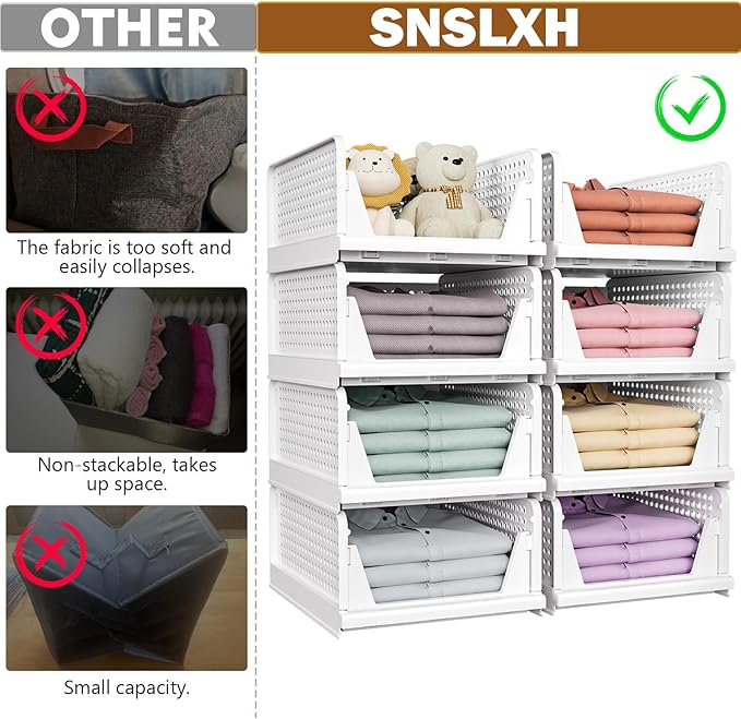 SNSLXH 5 Pack Stackable Closet Storage Basket, Multifunctional & Foldable Closet Organizer for Bathroom Kitchen Laundry Room Wardrobe Storage, Space-Saving Clothes Storage Drawer Organizer, White - Image 2