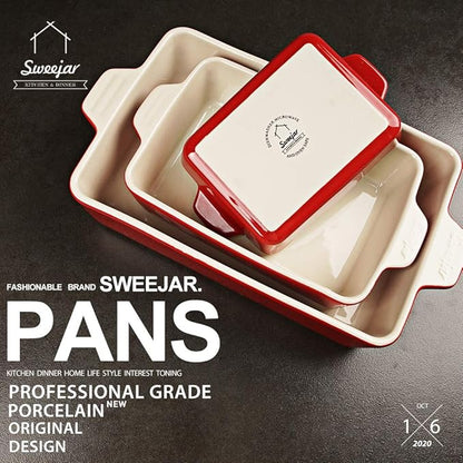 Sweejar Ceramic Bakeware Set, Rectangular Baking Dish for Oven Lasagna Pans for Cooking, Kitchen, Cake Dinner, Banquet and Daily Use, 11.8 x 7.8 x 2.75 Inches of Baking Pans (Red) - Image 2