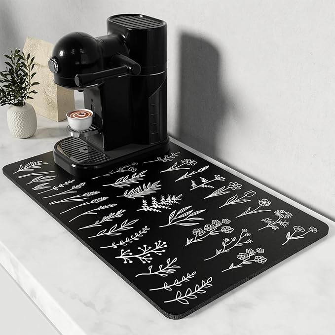 Rnivvi Coffee Mat, 12" x 19" Cute Coffee Bar Mats for Espresso Machine Station Accessories and Organizer, Hide Stain Rubber Backed Absorbent Dish Drying Pad for Kitchen Counter, Black White Leaves by Rnivvi