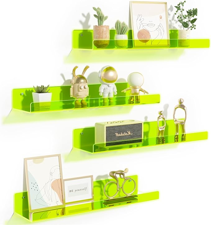upsimples Acrylic Shelves for Wall Decor, 15" Display Shelf for Figure, Nail Polish, Wall Organizer for Bathroom, Bedroom, Living Room, Playroom, Kids Bookshelf, Clear Fluorescent Green, 4 Pack by upsimples