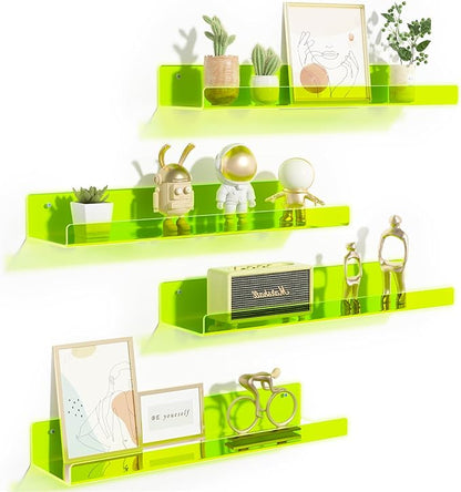 upsimples Acrylic Shelves for Wall Decor, 15" Display Shelf for Figure, Nail Polish, Wall Organizer for Bathroom, Bedroom, Living Room, Playroom, Kids Bookshelf, Clear Fluorescent Green, 4 Pack by upsimples