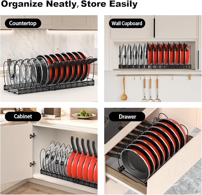 Housolution Pot and Pan Organizer Rack for Cabinet, Expandable Pot Lid Organizer Holder with 14 Adjustable Dividers, Fully Expanded Size 22.83" W x 7.09" D x 7.09" H, Black - Image 6