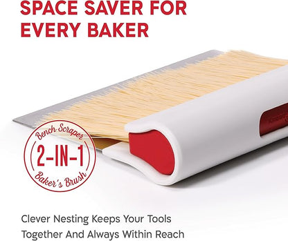 KneadAce Dough Scraper & Baker’s Brush Set. Stainless Steel Bench Scraper & Flour Cleaning Brush. Kitchen Tool for Pastry, Sourdough and Baking Prep Bread Dough Cutter, Gift For Bakers (White/Red) - Image 2