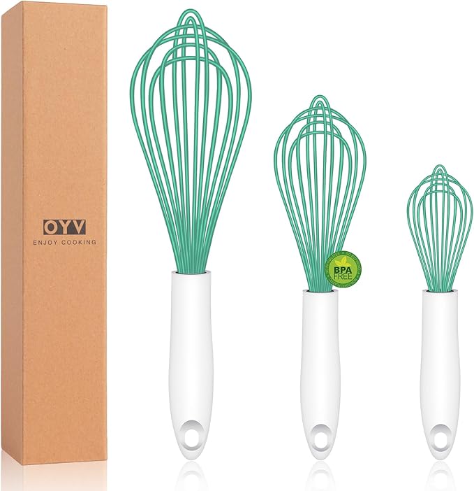 OYV Teal Silicone Whisk, Sealed Waterproof Design Set of 3, Professional Kitchen Whisks for Cooking Non-Scratch, Silicone&Stainless Steel Whisk, Heat Resistant 480°F Rubber wisk, BPA free by OYV
